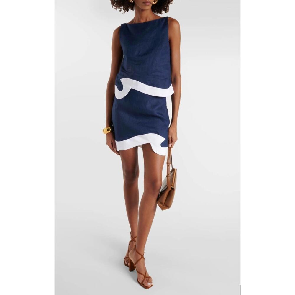 Staud Navy & White Linen Wave Raphael Top & Leandro Mini Skirt Set size 2/S